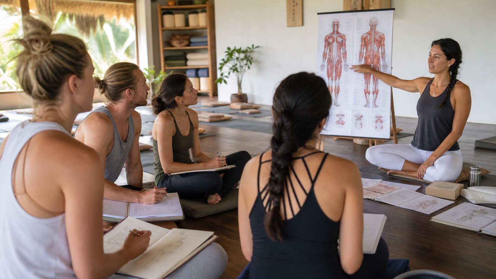 Observation and anatomy in practice Yoga teacher trainees studying anatomy with an instructor during a Bali teacher training workshop