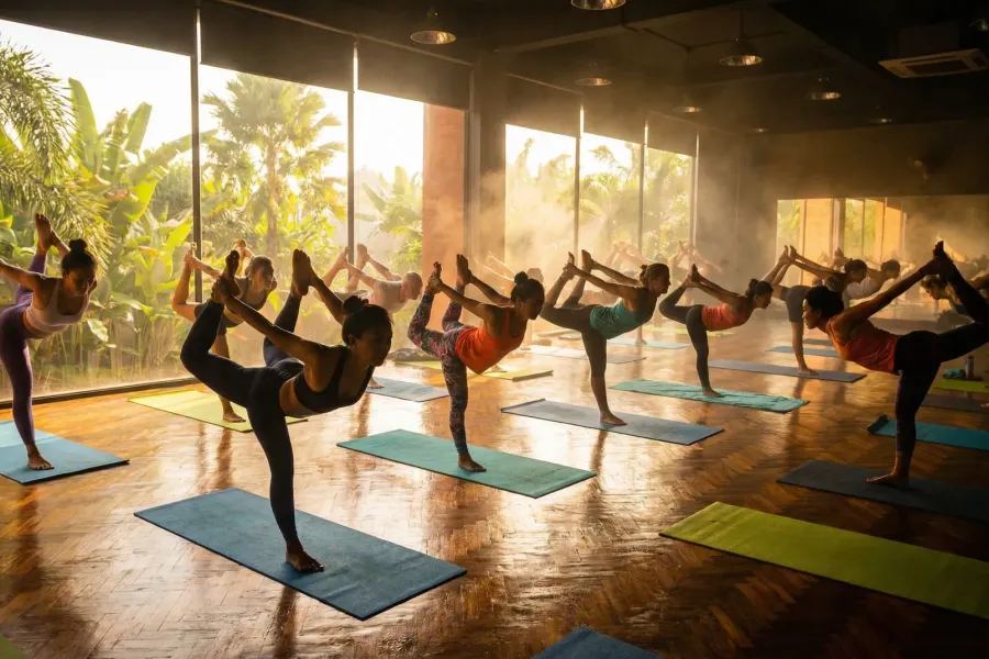 Bikram and hot yoga training compared Practitioners performing a fixed standing sequence in a heated studio illustrating the Original Hot 26 and 2 Yoga method