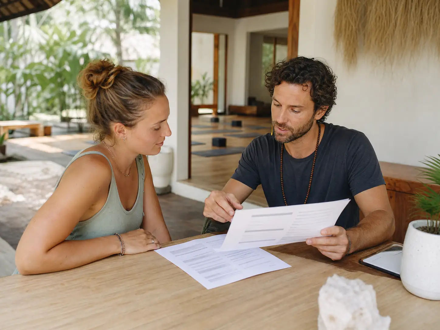 Compare Bali Yoga Training Program Details A prospective yoga trainee reviews curriculum, accreditation and assessment details with an educator before booking training in Bali