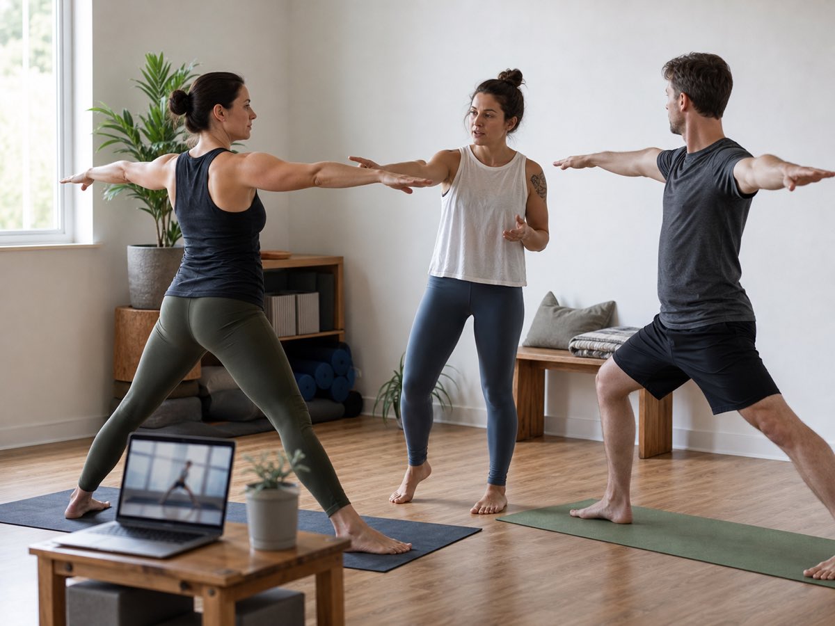 Diversifying yoga teaching income streams Yoga teacher leading two private clients while including an online participant, illustrating several realistic sources of instructor income