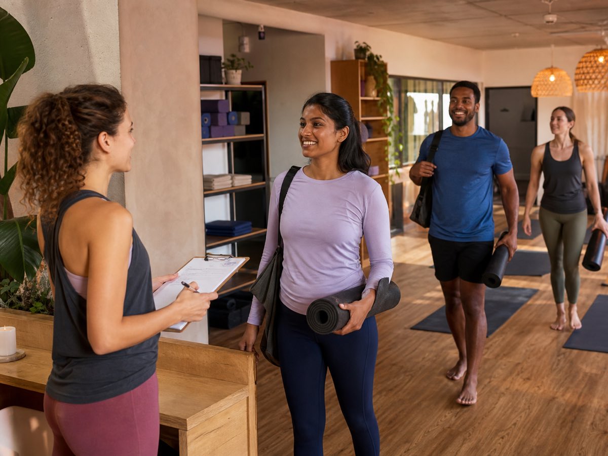 How group yoga class income is actually earned Freelance yoga instructor greeting students and checking attendance before an evening group class at a professional neighborhood studio