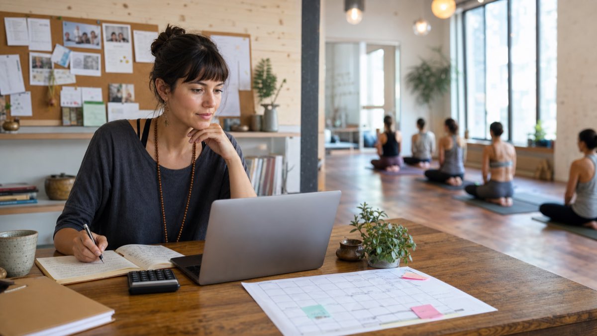 Planning a realistic yoga teacher salary Yoga instructor reviewing a weekly class schedule, calculator, and business notes beside an active studio while planning realistic teaching income