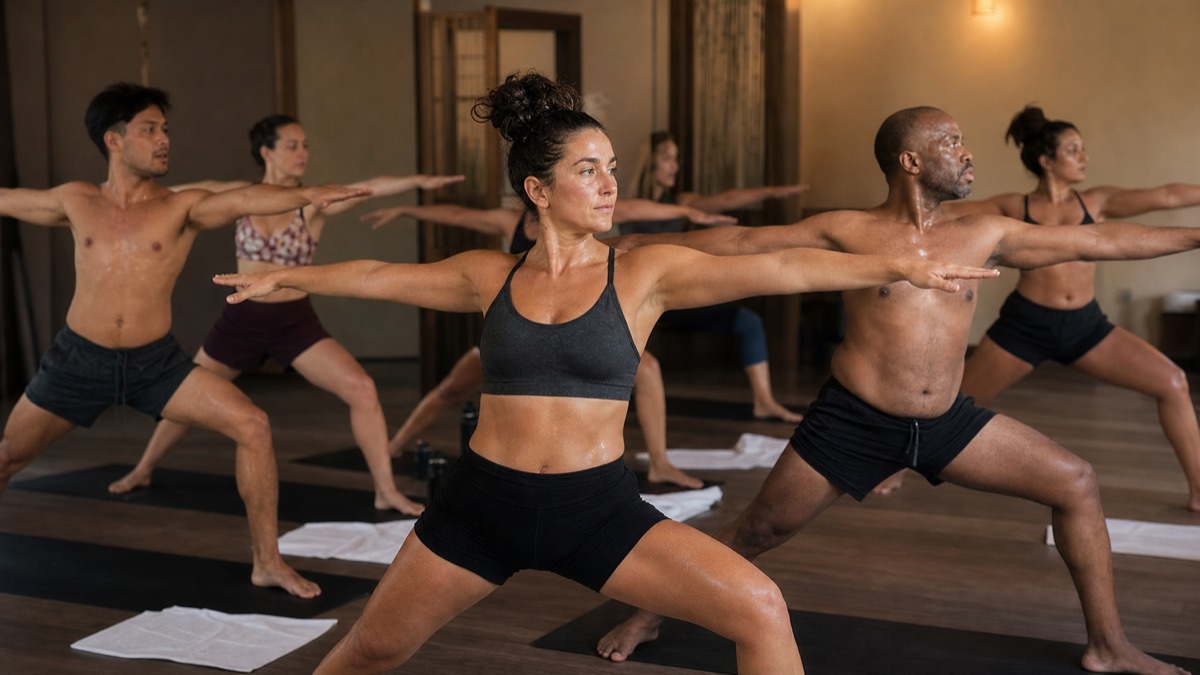 Bikram hot yoga weight loss and calorie-burning class Bikram hot yoga weight loss class practising the fixed 26 posture sequence