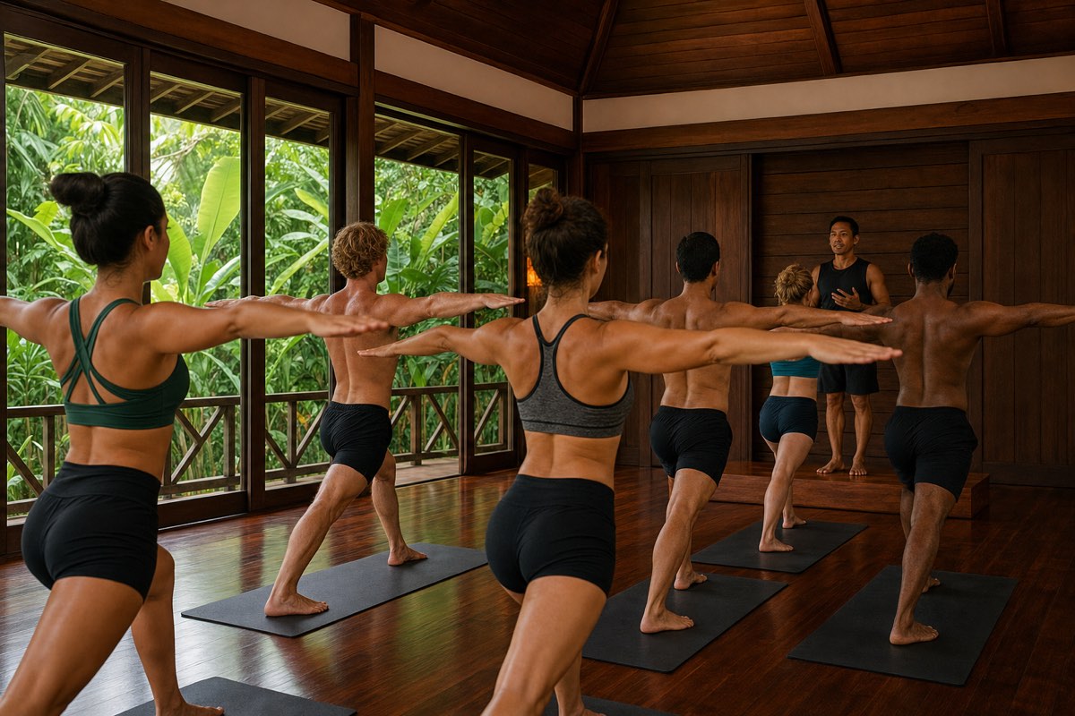 Standardized Bikram Hot 26 and 2 verbal instruction Bikram Hot 26&2 students following verbal instruction in Bali
