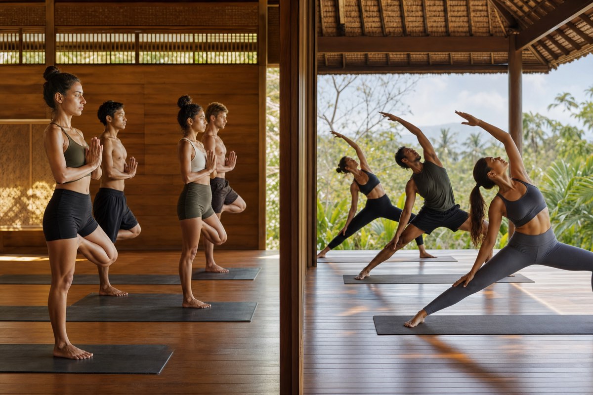Bikram yoga compared with Vinyasa yoga Bikram yoga posture beside a Vinyasa flow transition