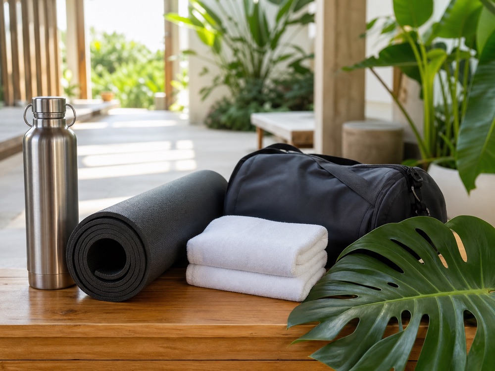 Preparing for Bikram yoga in Bali Visitor preparing water mat and towel before a Bikram yoga class in Bali