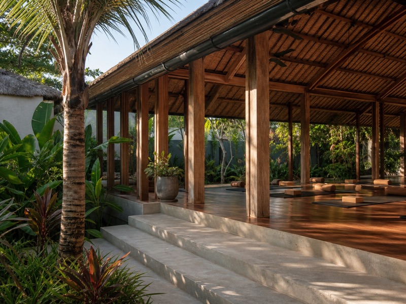 Bikram yoga studio in Seminyak Bali Open tropical Bikram yoga studio in Seminyak Bali surrounded by green plants