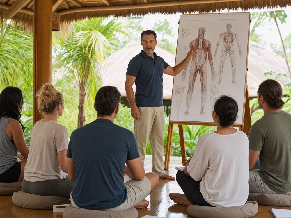Bikram yoga teacher training in Bali International students receiving Bikram yoga teacher training in an open Bali studio