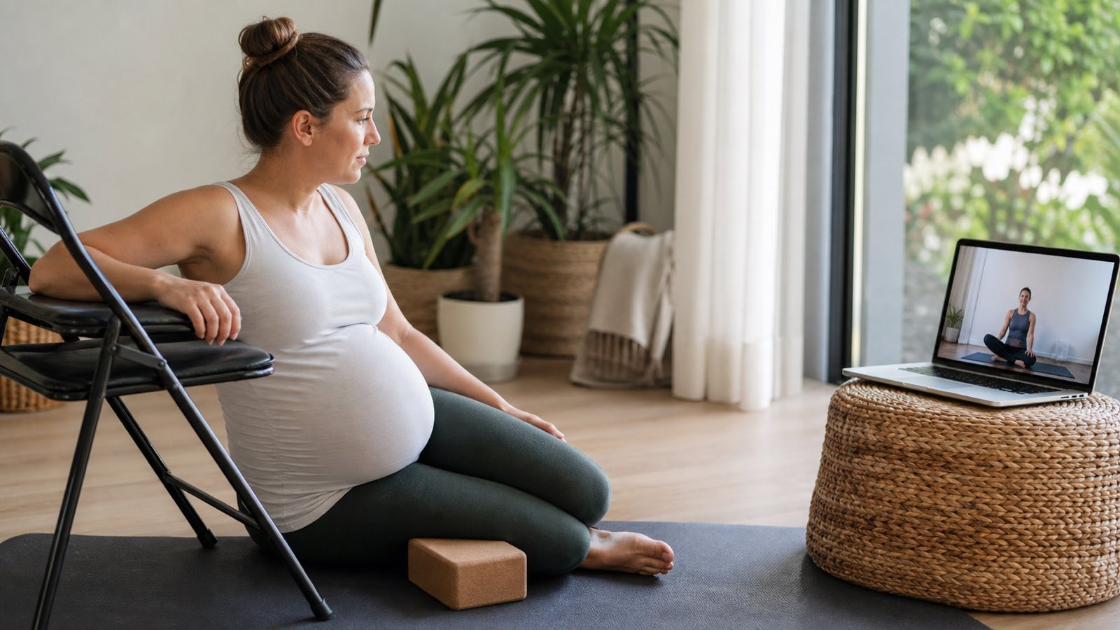 Pregnant woman following an online prenatal yoga class safely at home
