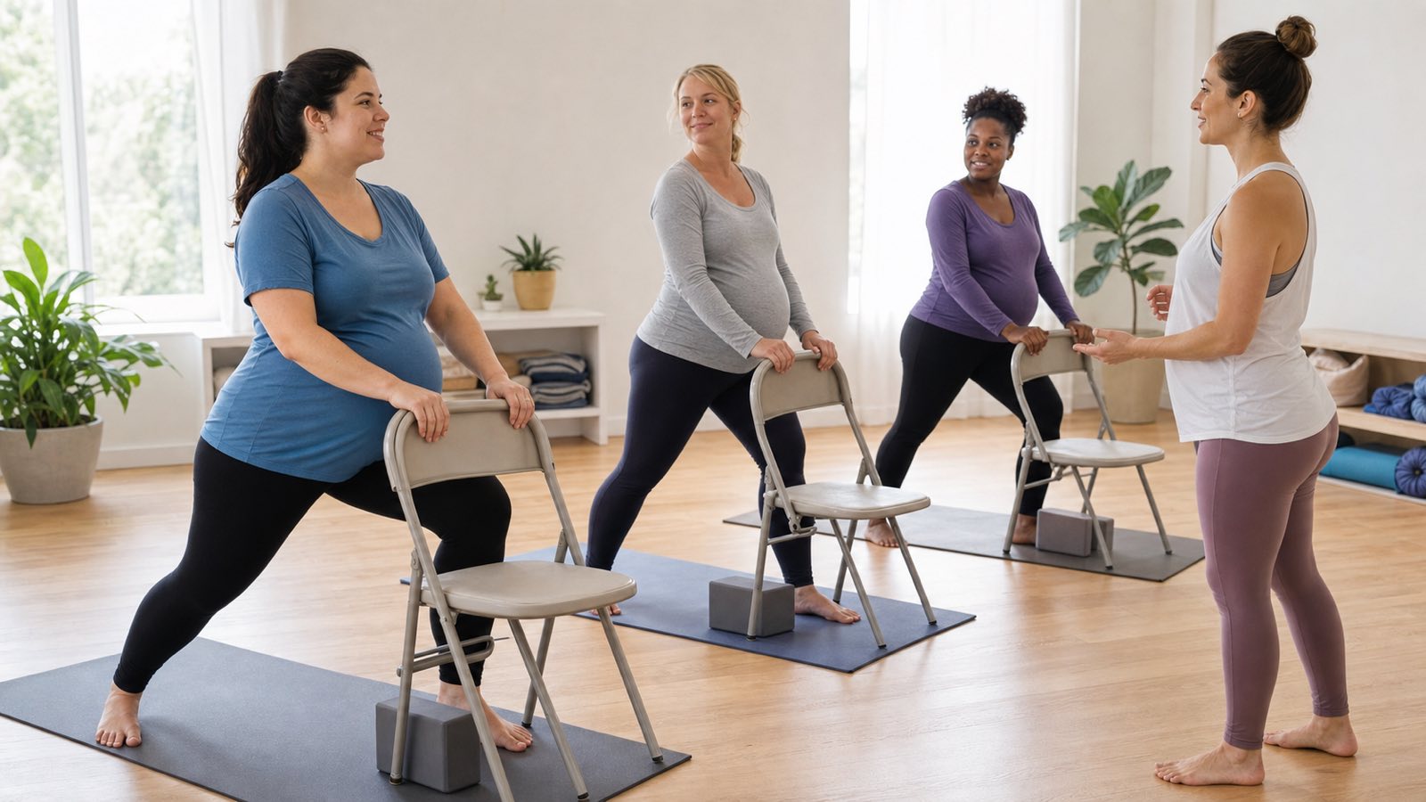 Certified prenatal yoga teacher guiding safe pregnancy pose modifications in a normal temperature room