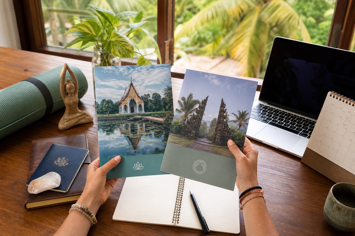 Prospective yoga teacher comparing Thailand and Bali teacher training plans
