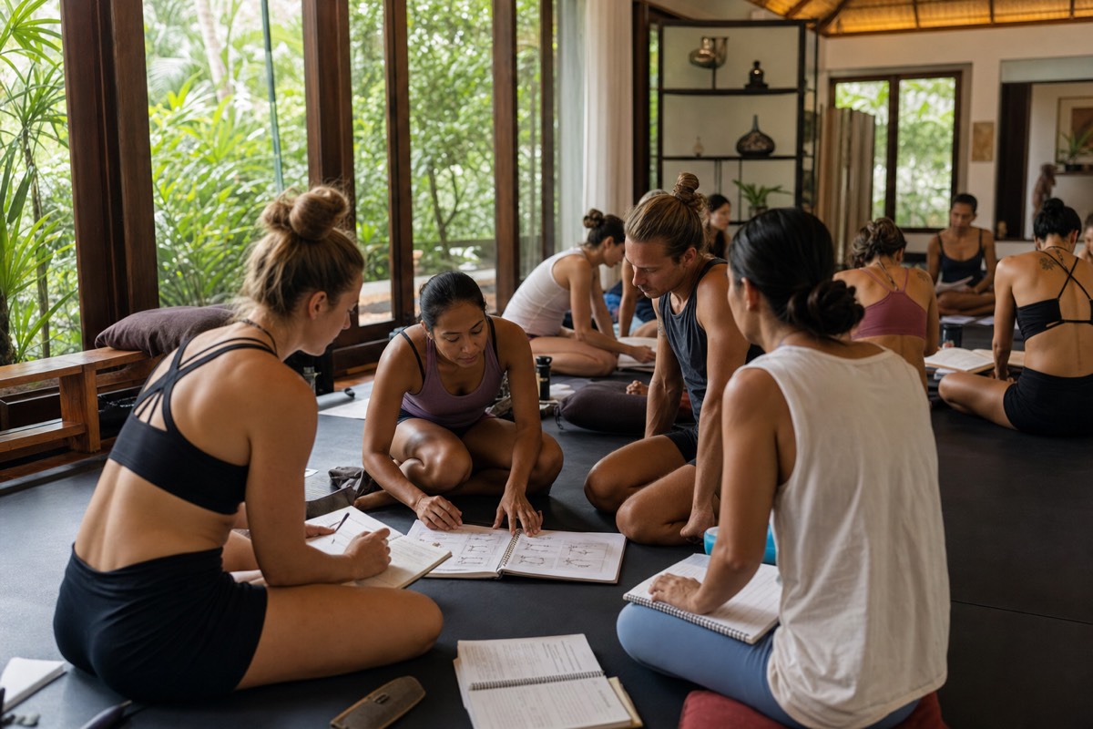 Students studying during residential Hot 26 and 2 yoga teacher training in Thailand