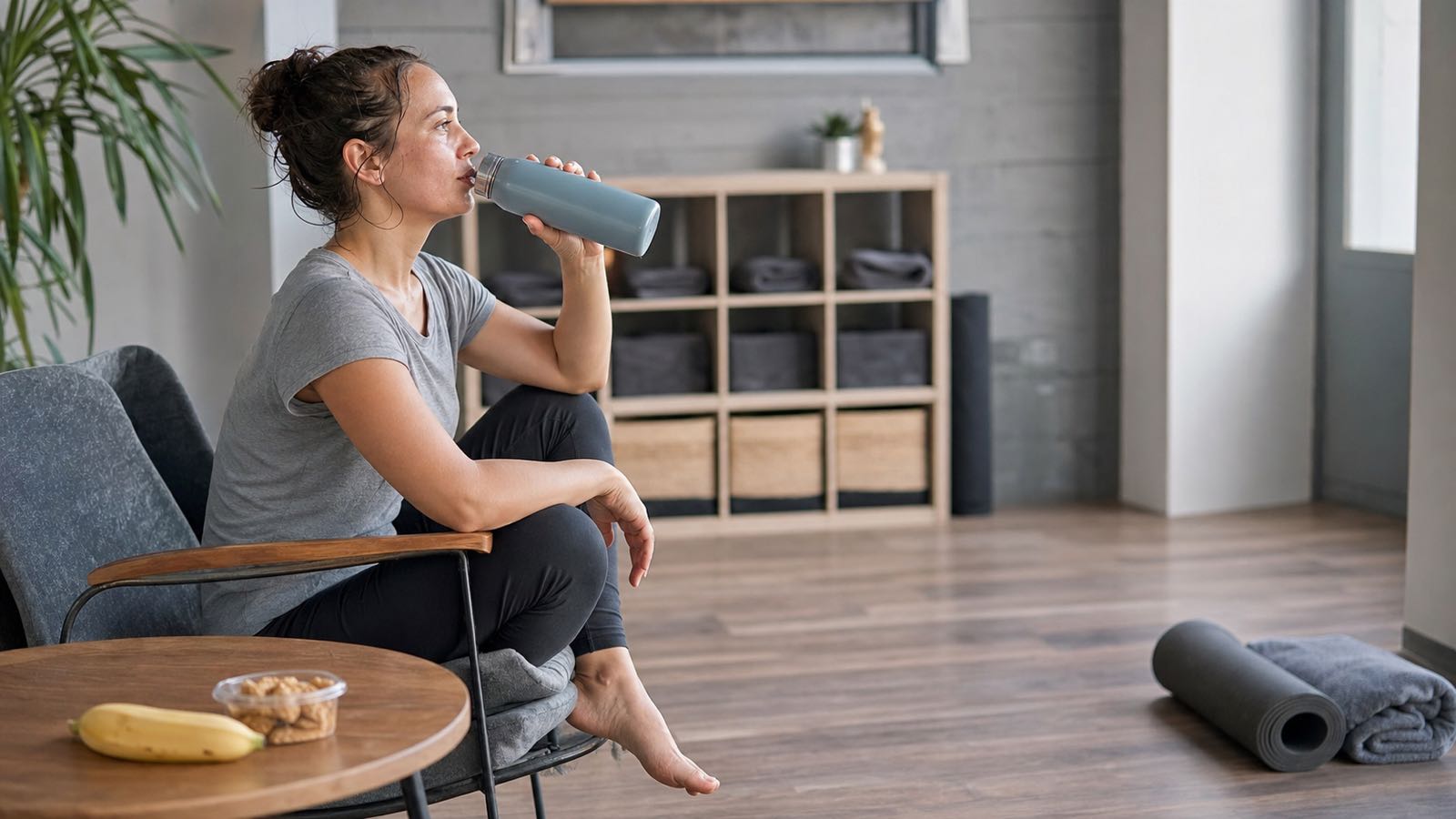 Beginner cooling down and rehydrating after a first hot yoga class