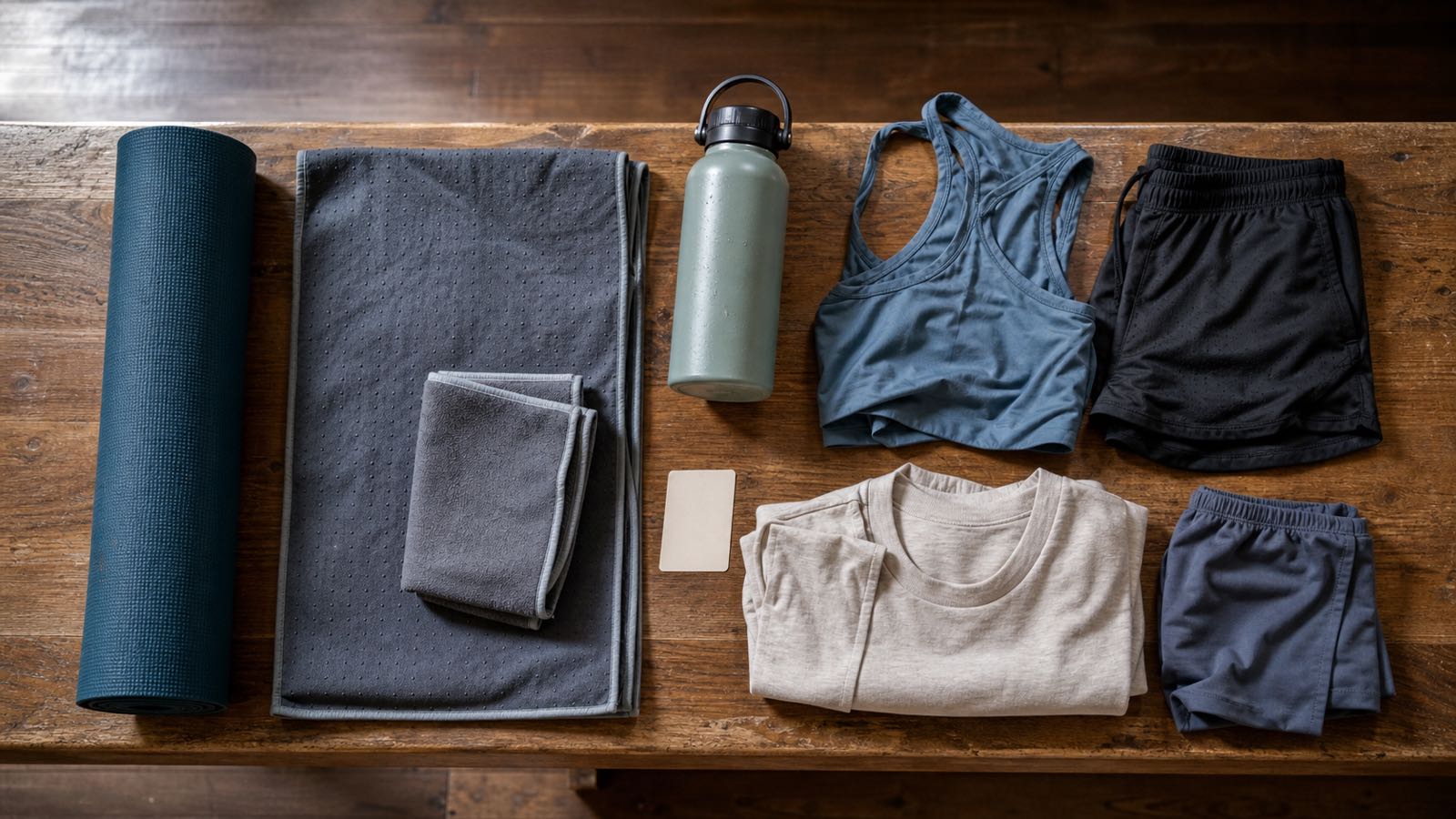 Water bottle large yoga towel and mat prepared for a first Bikram yoga class