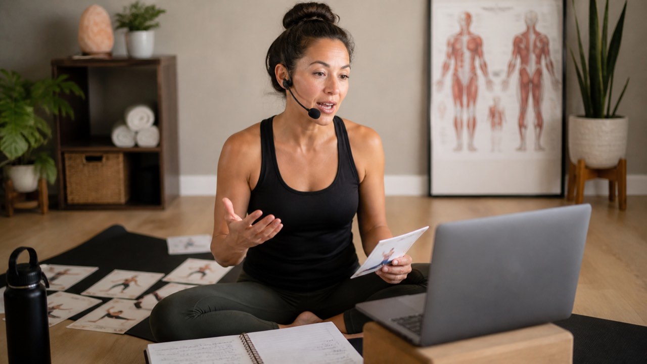 Trainee rehearsing Bikram yoga dialogue during online teacher training preparation