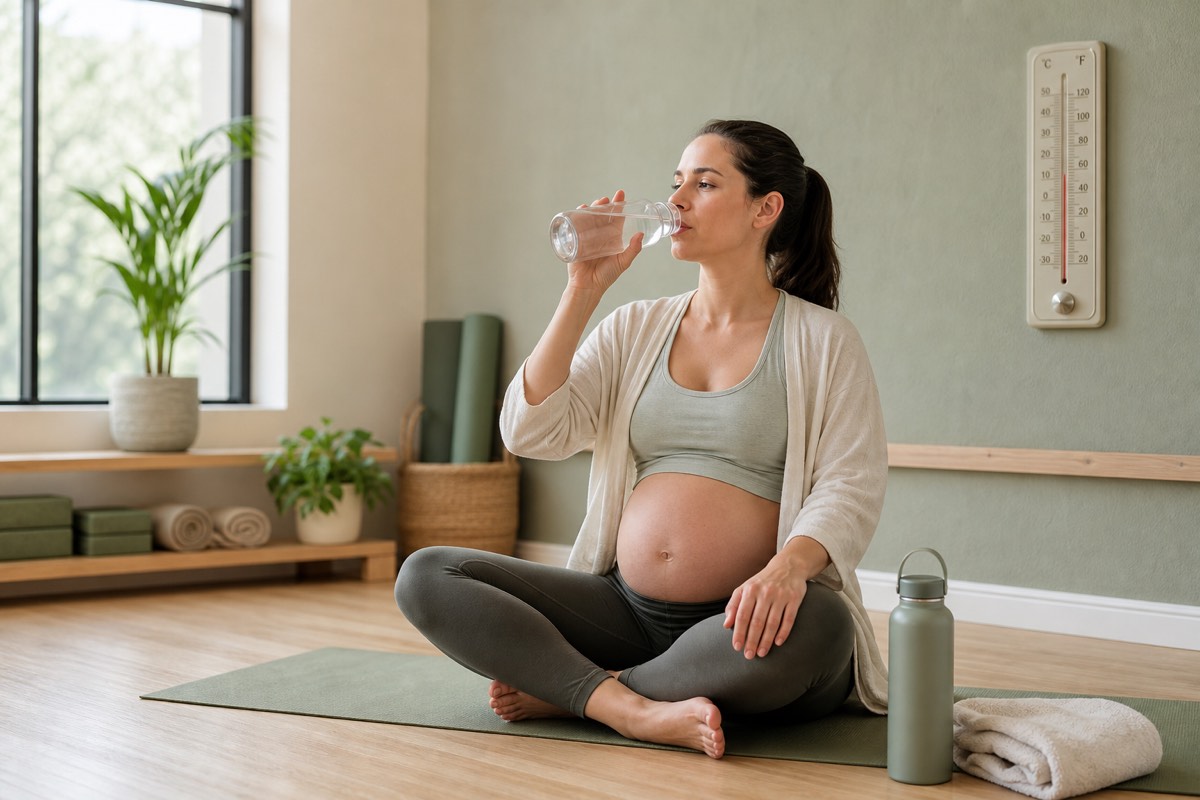 Pregnant yoga student hydrating during safe exercise in a normal-temperature room