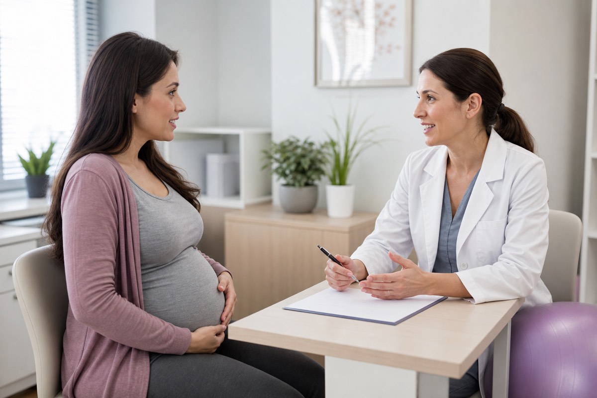 Pregnant patient asking a healthcare professional about hot yoga while pregnant