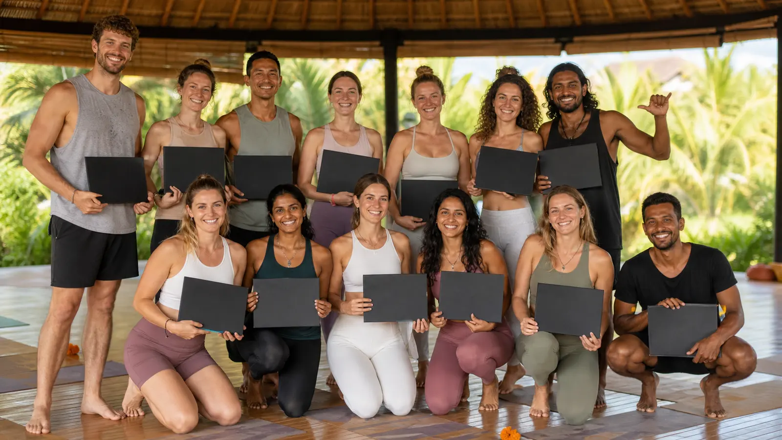 Beginner Yoga Teacher Training Graduates First-time instructors graduating from a beginner yoga teacher training program in Bali