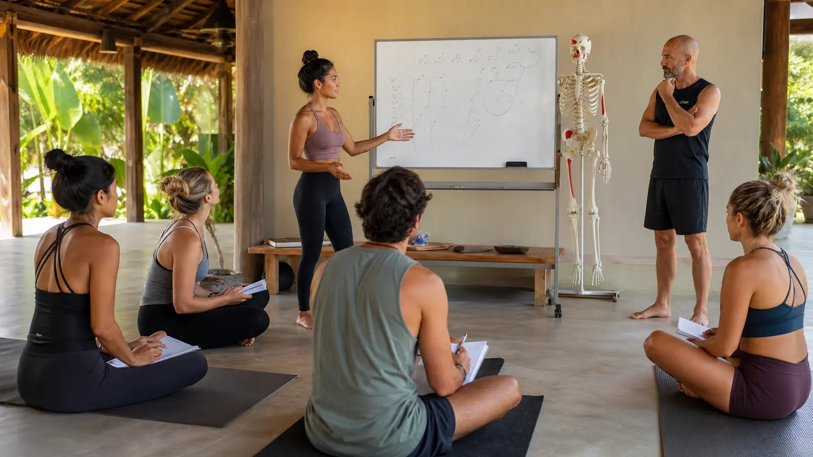 Bikram Yoga Dialogue and Anatomy Workshop Beginners studying anatomy and Bikram Yoga dialogue during teacher training
