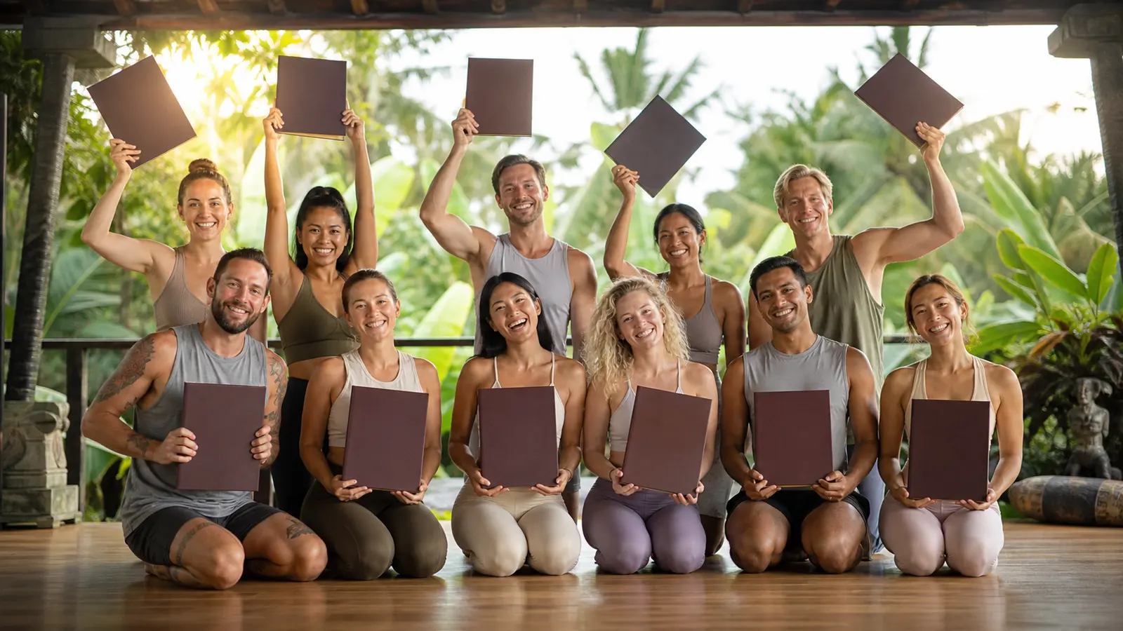 Top-Rated Hot Yoga Training Graduates International graduates celebrating completion of a highly rated hot yoga teacher training program