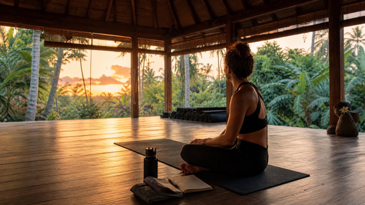 New yoga teacher reflecting alone with a notebook after completing a demanding teaching practicum in a tropical Bali studio at sunset