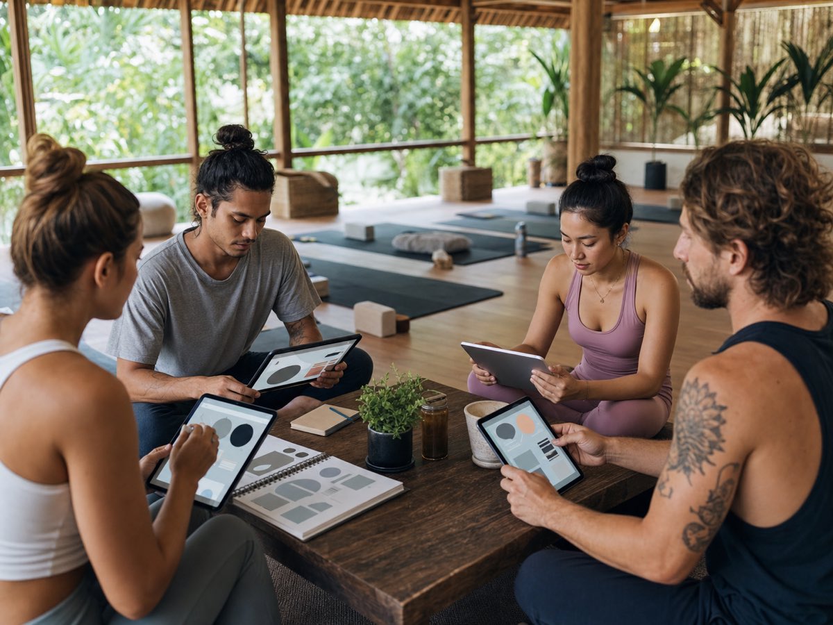 Hybrid yoga training coursework in 2027 International yoga trainees reviewing digital coursework on tablets before beginning practical teaching sessions in a tropical Bali studio