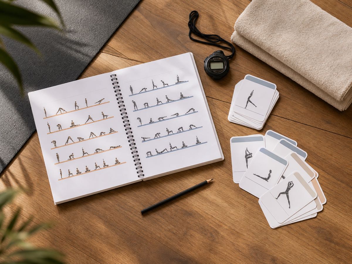 Study materials for the fixed 26 and 2 sequence Original Hot 26 and 2 posture sequence study cards, workbook, stopwatch, towel, and yoga mat arranged on a Bali studio floor