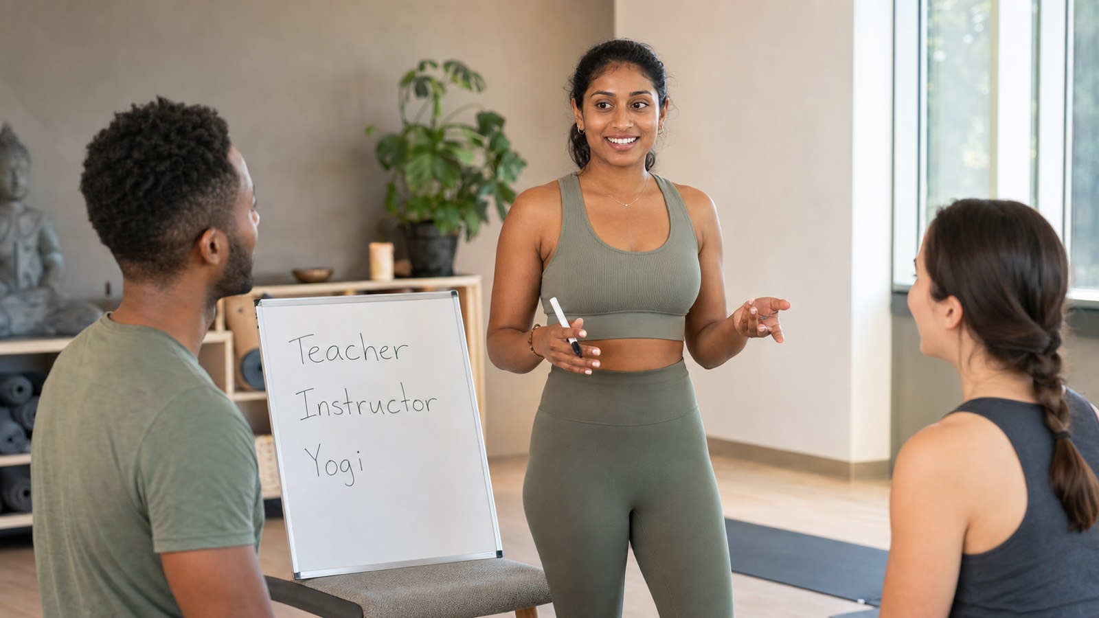 Yoga teacher explaining the professional titles teacher, instructor, and yogi to trainees