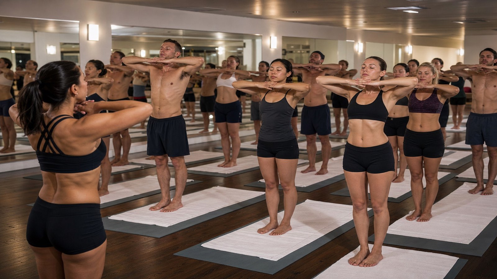 Bikram Hot 26 and 2 yoga class practising Standing Deep Breathing in a heated studio