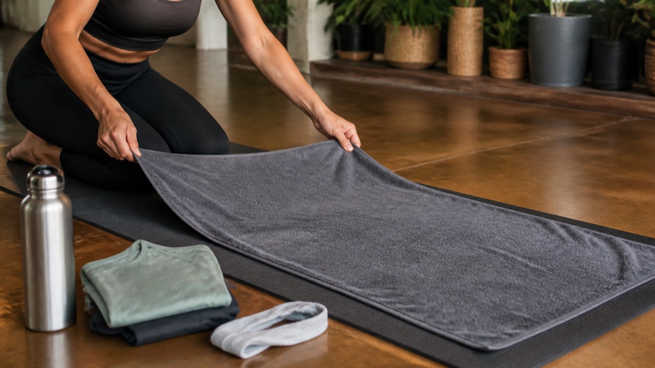 Student placing a full-length hot yoga towel over a mat beside water and dry clothes
