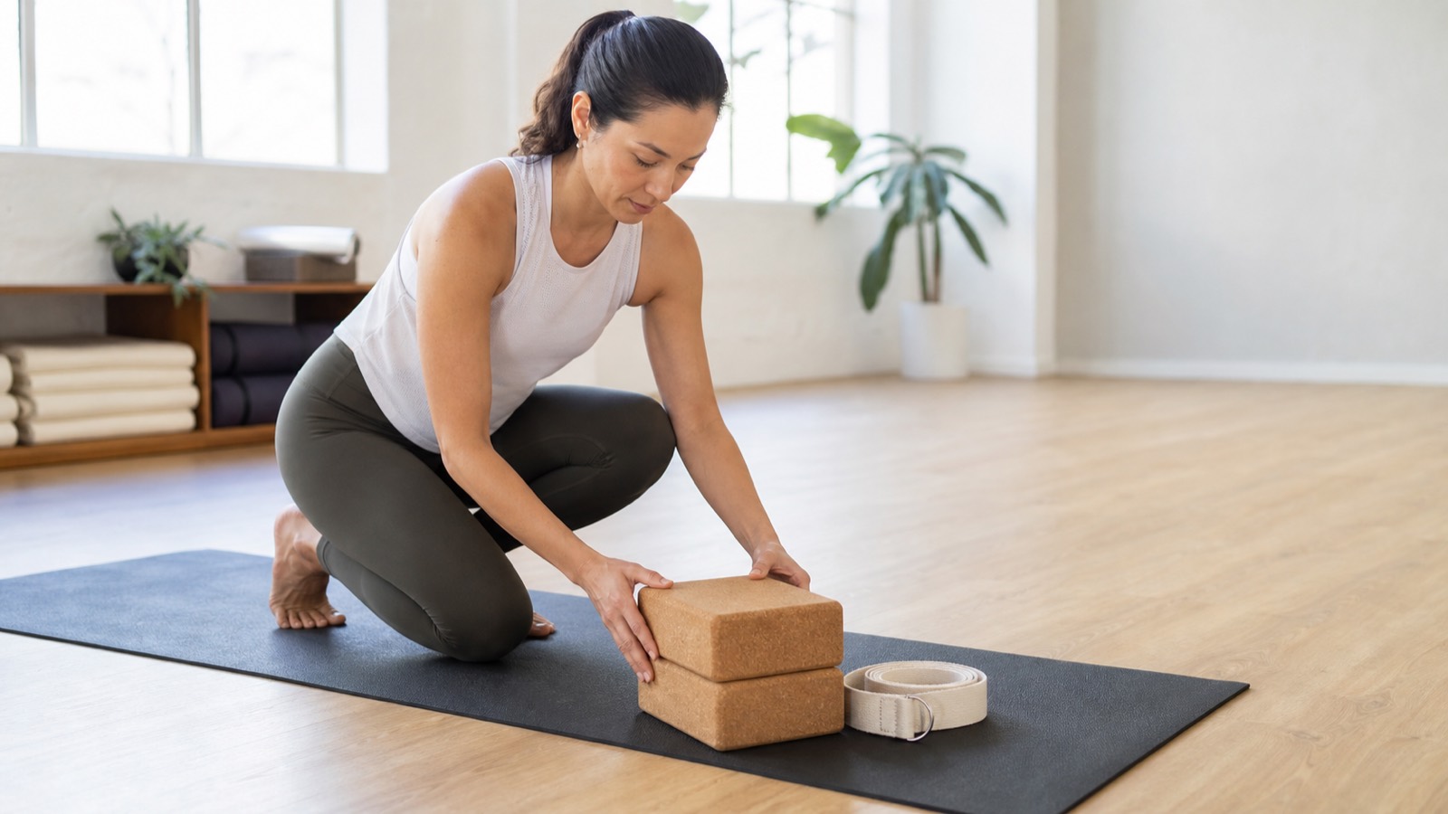 Practical Gifts for Yoga Teachers Yoga instructor arranging practical teaching gifts including cork blocks and a strap
