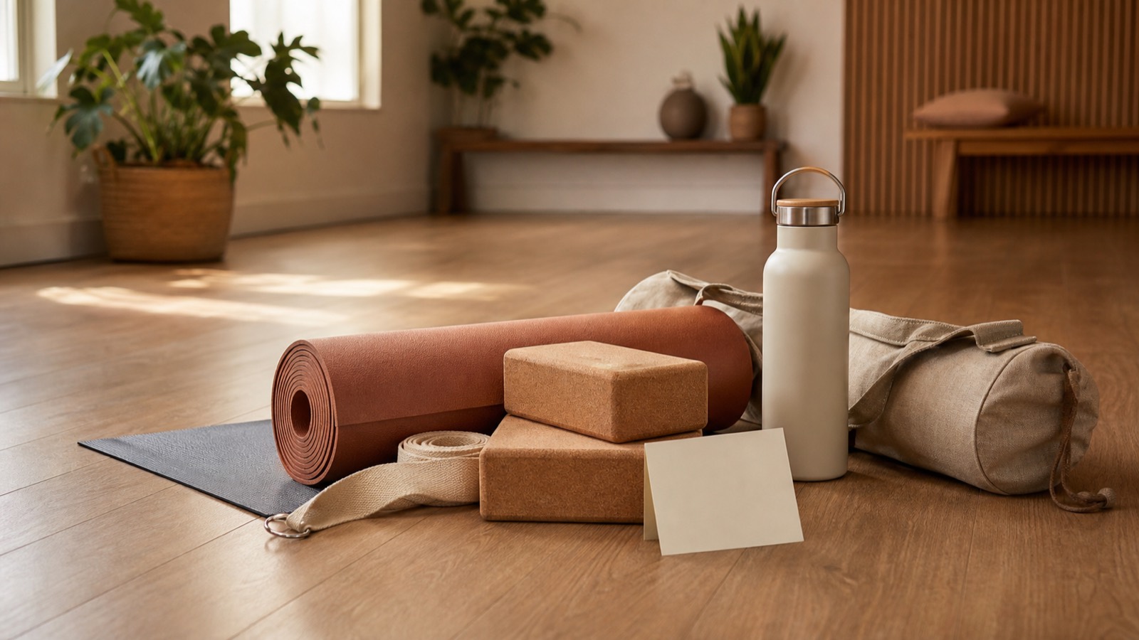 Yoga Teacher Gift Ideas Yoga teacher gift ideas including a mat, cork blocks, strap, bottle and carrier
