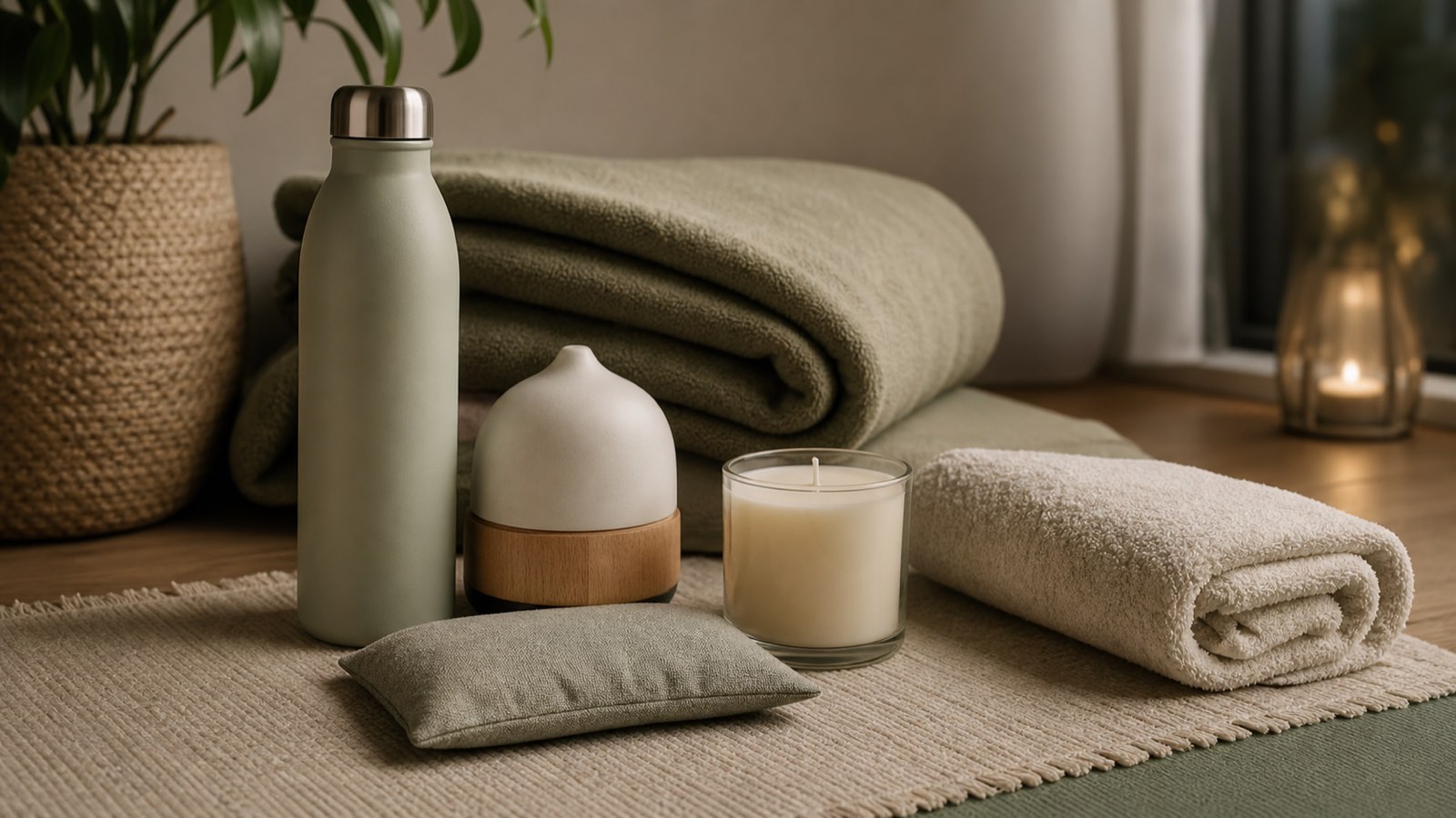 Yoga Teacher Self-Care Gifts Self-care gifts for yoga teachers with an insulated bottle, eye pillow and diffuser