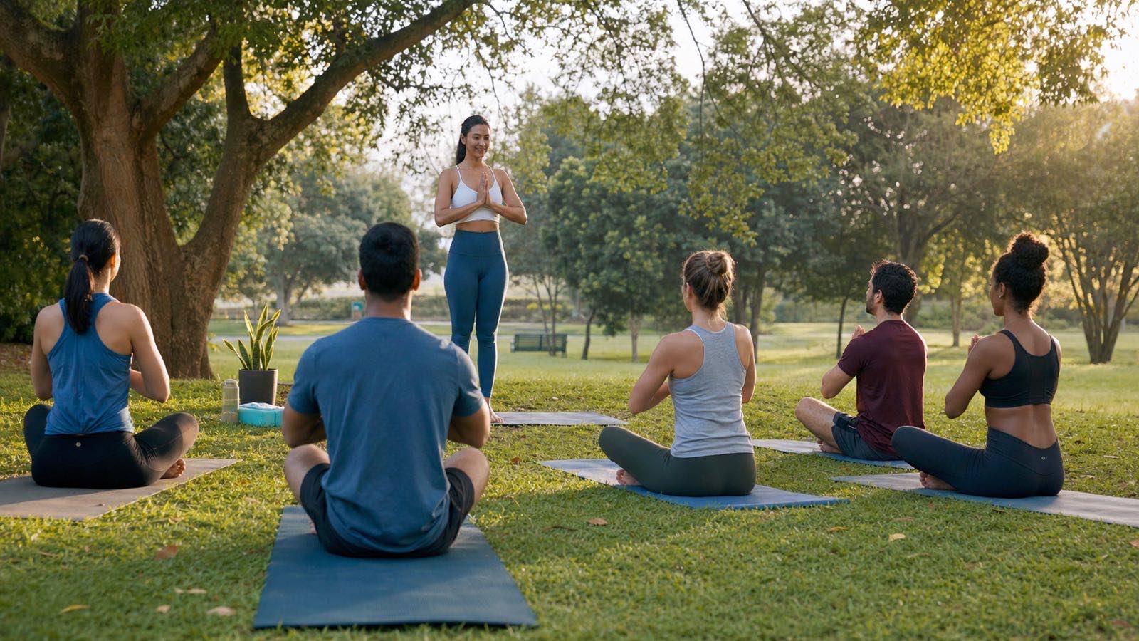 Independent yoga instructor teaching an insured outdoor group yoga class