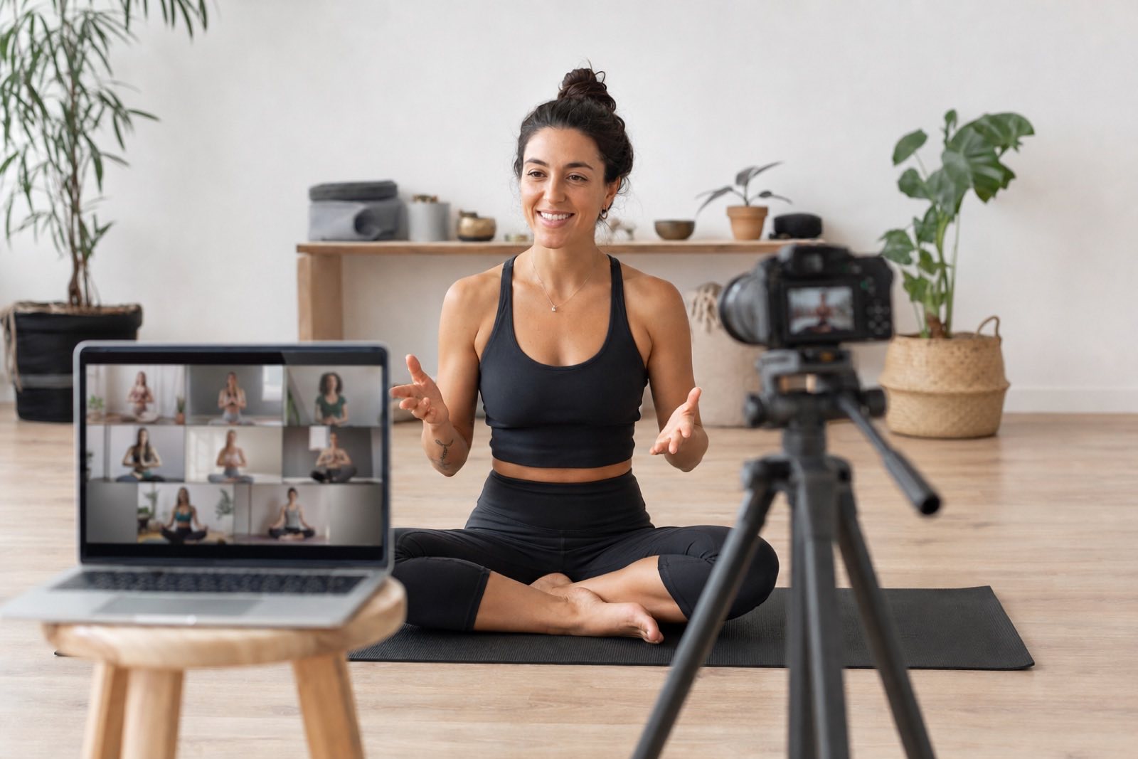 Online yoga teacher recording a streamed class with a camera and laptop