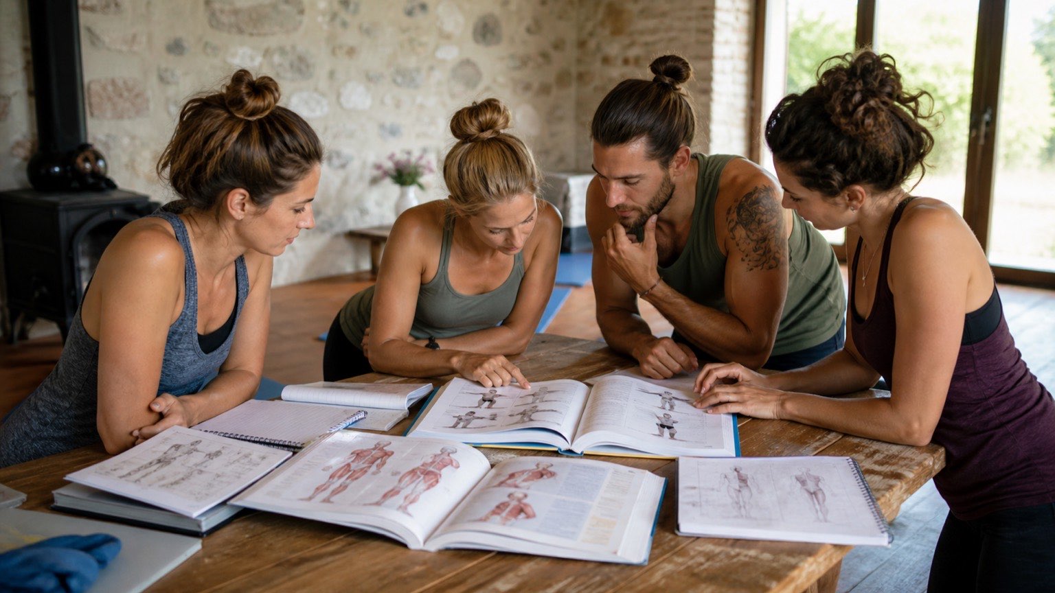 200 hour yoga teacher training Europe students studying anatomy and course manuals