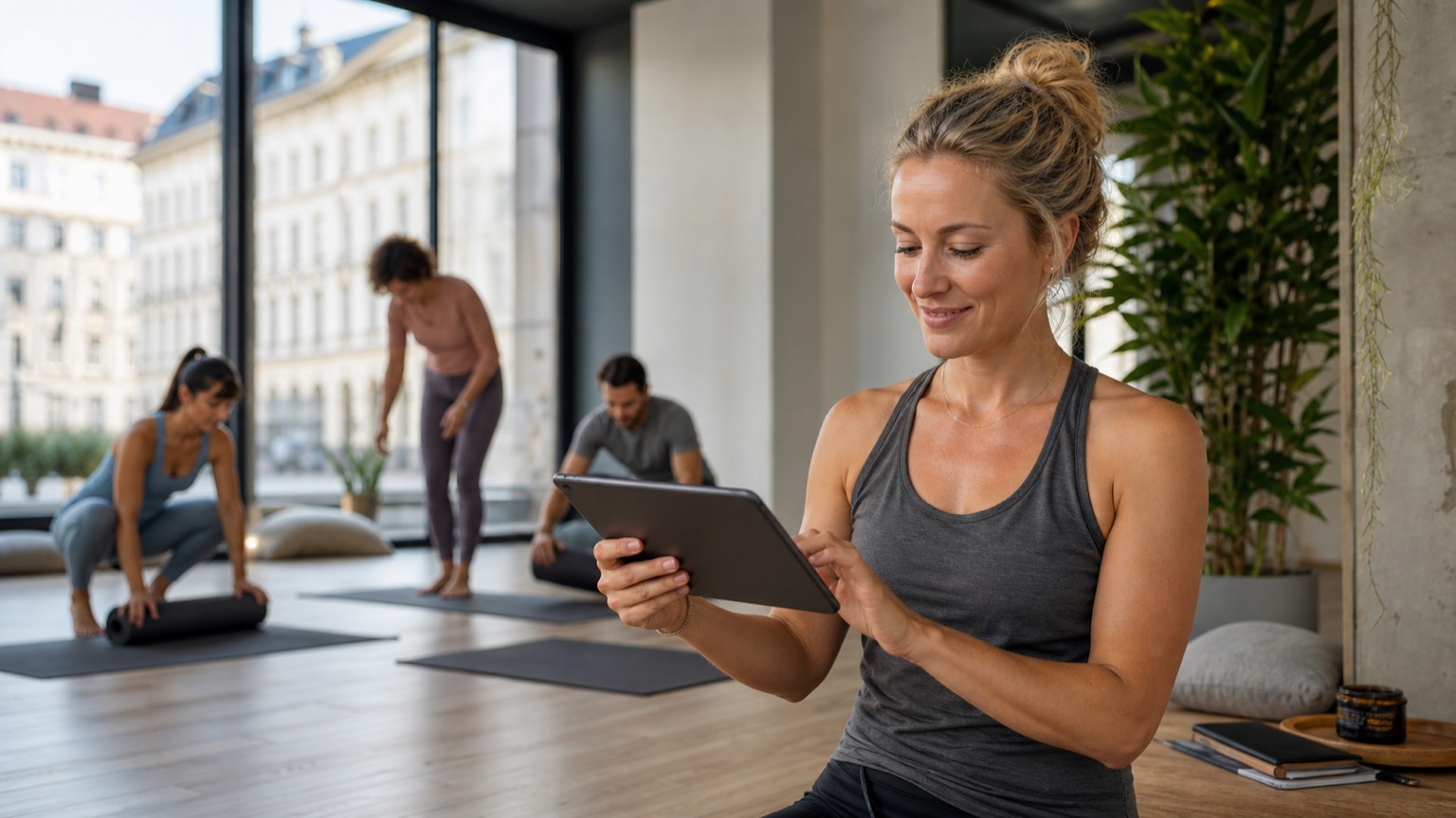 Professional instructor reviewing yoga teacher salary and class schedule in Europe
