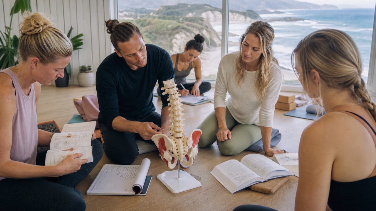 Yoga New Zealand trainees studying anatomy during an accredited teacher training course