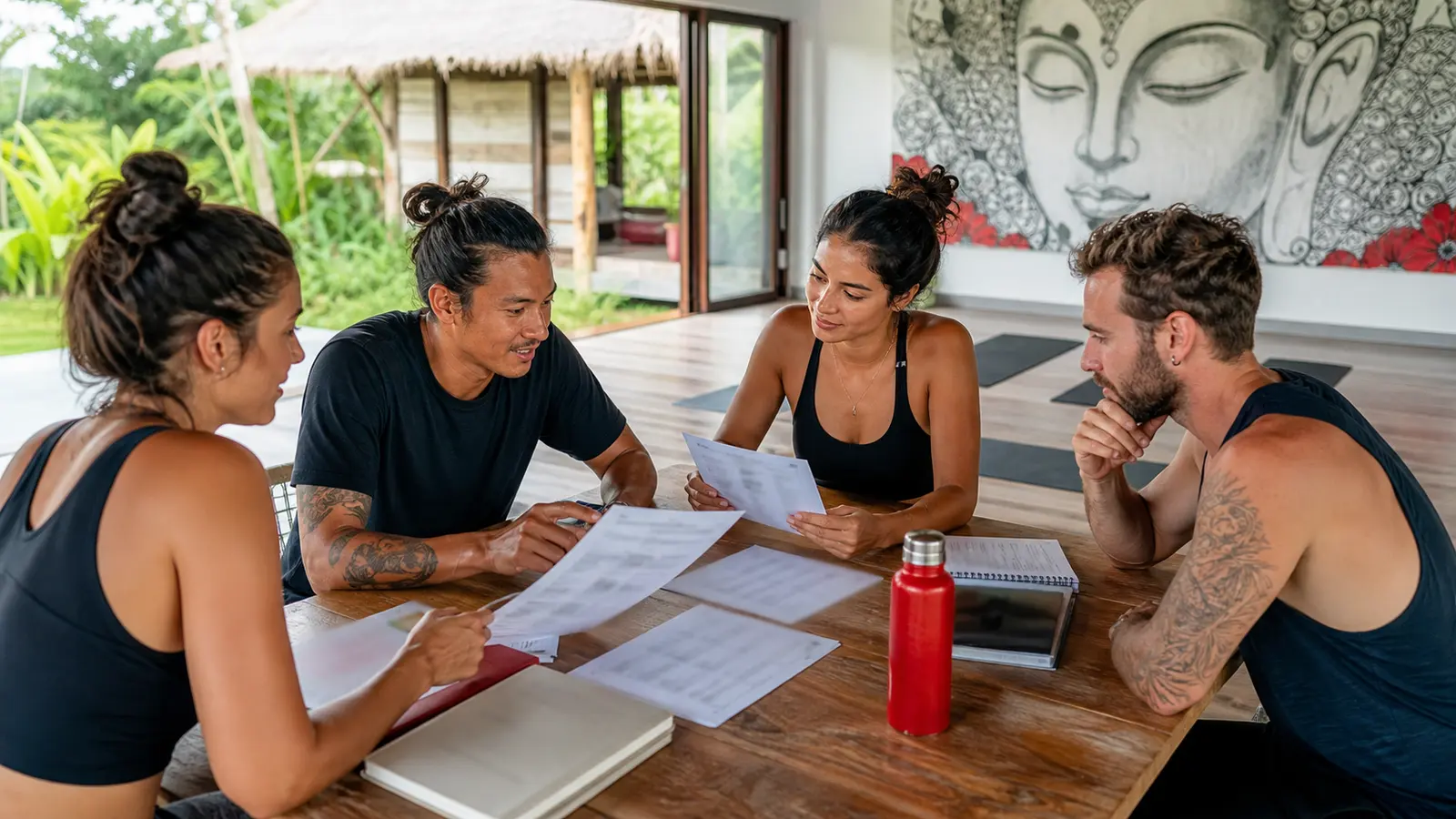 Yoga trainees comparing flexible yoga teacher training payment plans in a studio