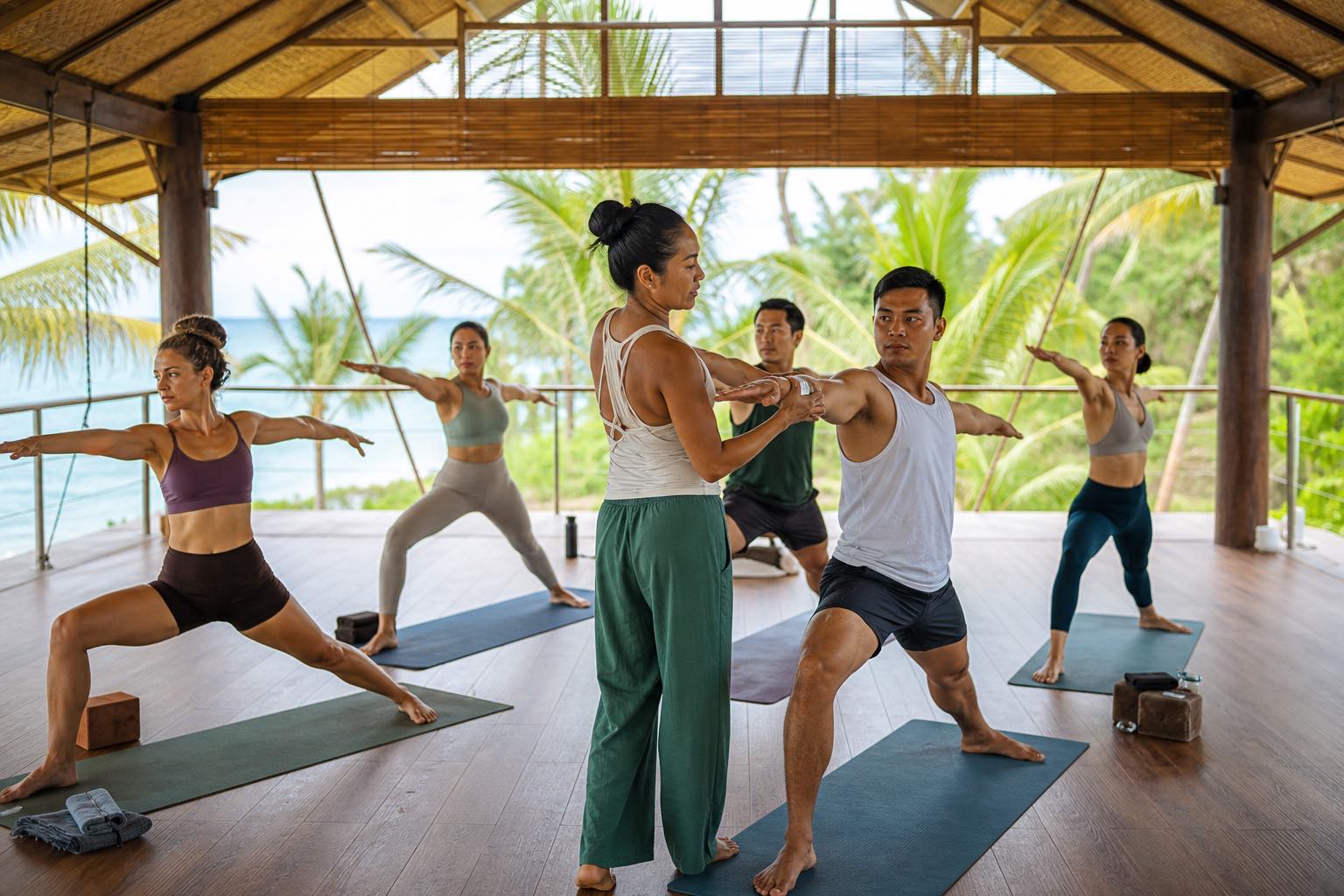 Yoga Teacher Training Philippines Yoga teacher training Philippines students practicing alignment in a tropical Panglao studio