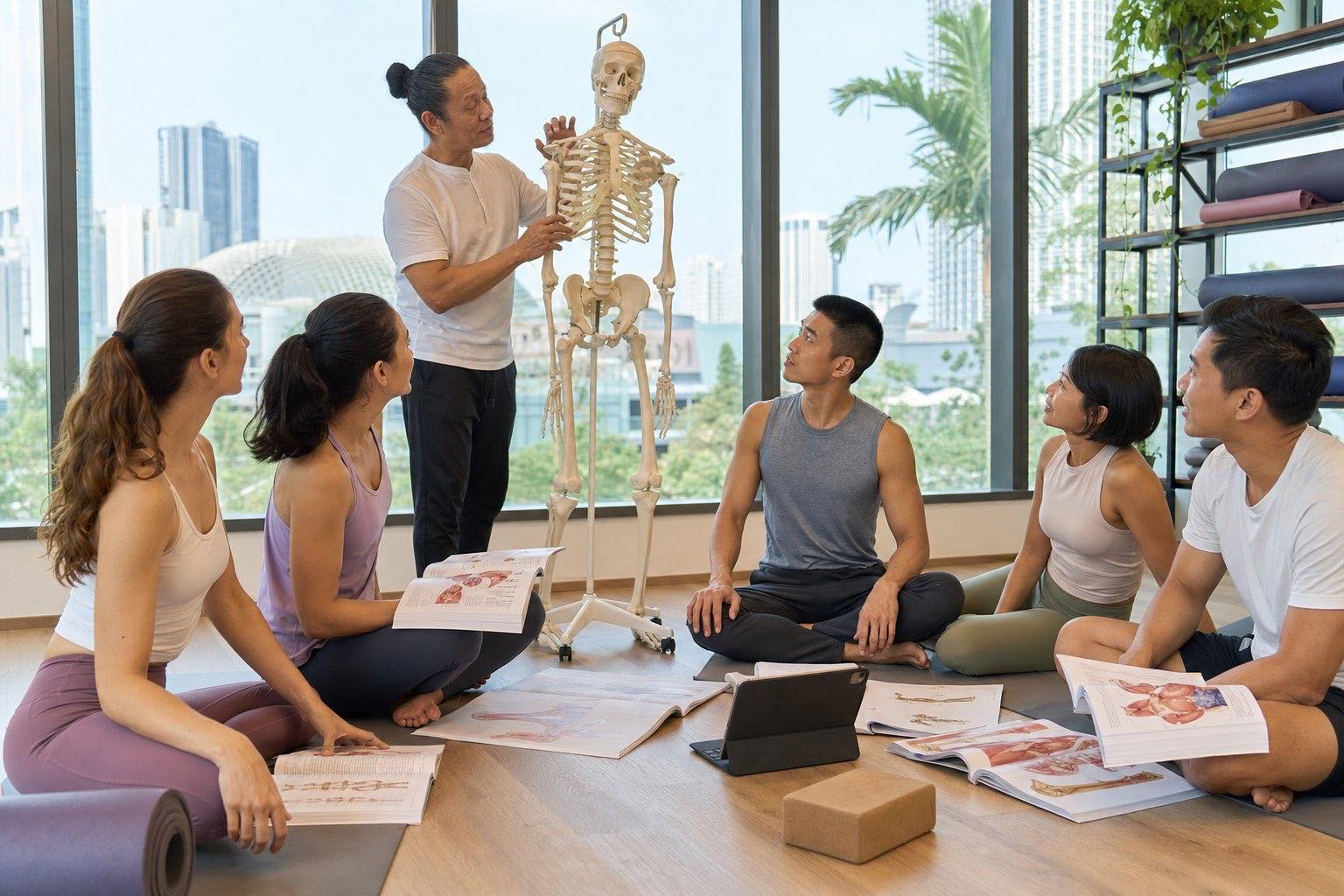 Students studying anatomy during a 200 hours yoga teacher training Singapore course