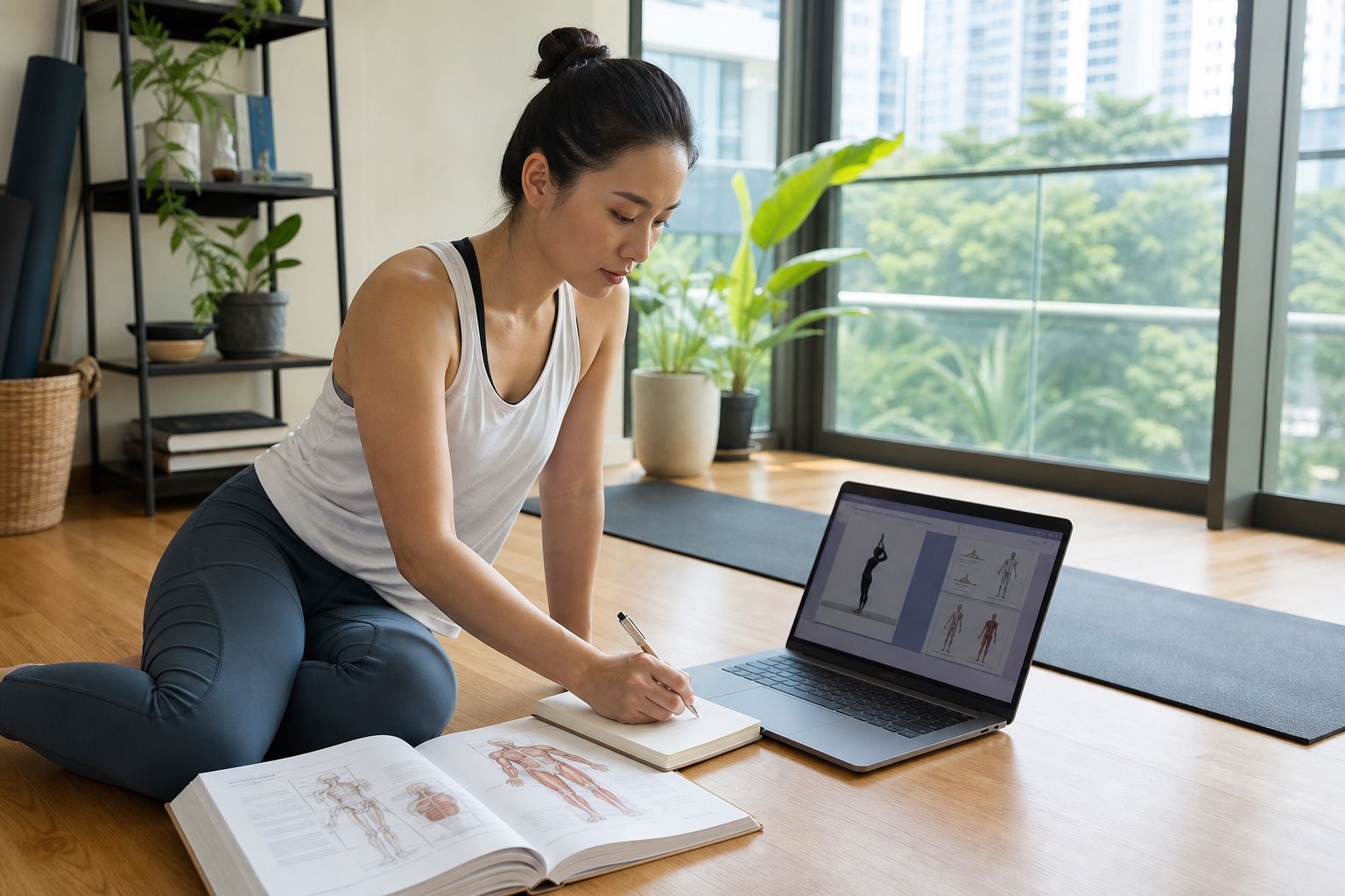 Singapore trainee completing hybrid yoga teacher training theory beside a home practice mat