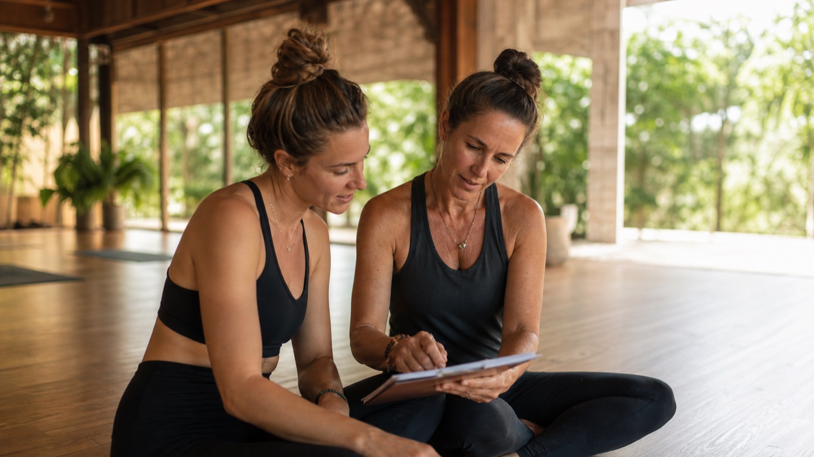 New yoga instructor receiving post-graduation mentoring from an experienced teacher