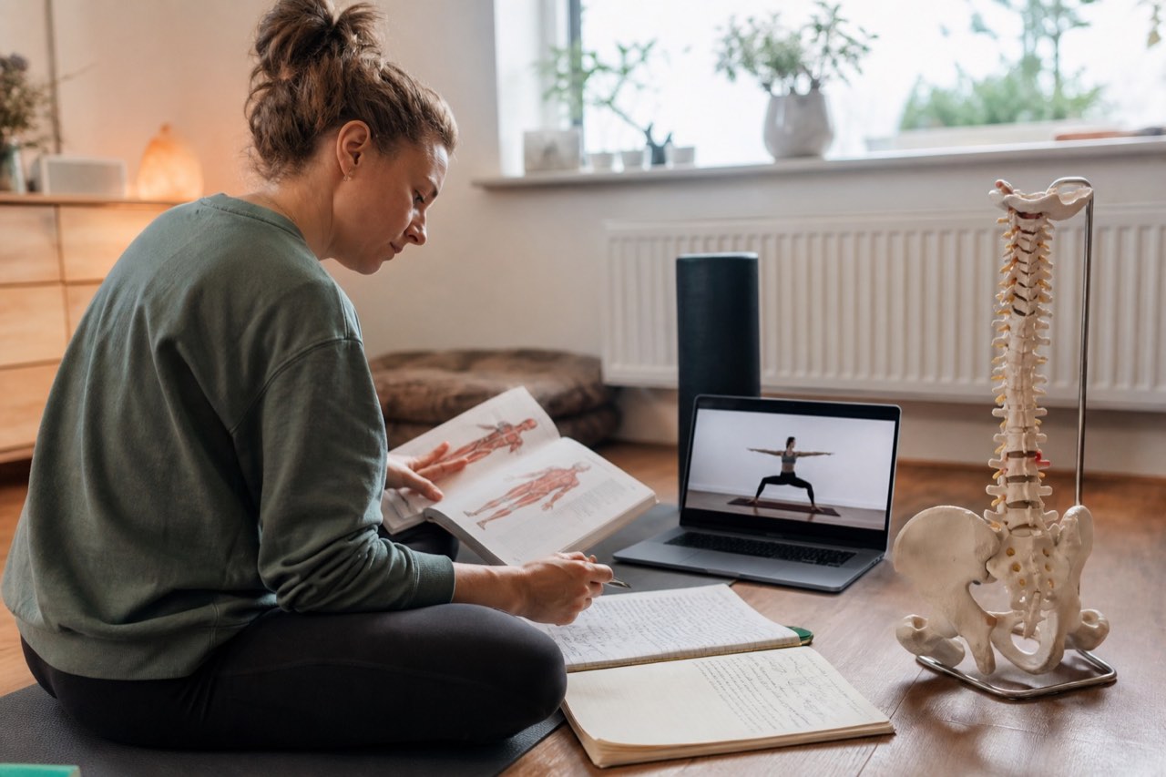 Online Yoga Teacher Training UK Online yoga teacher training UK student studying anatomy and posture instruction at home