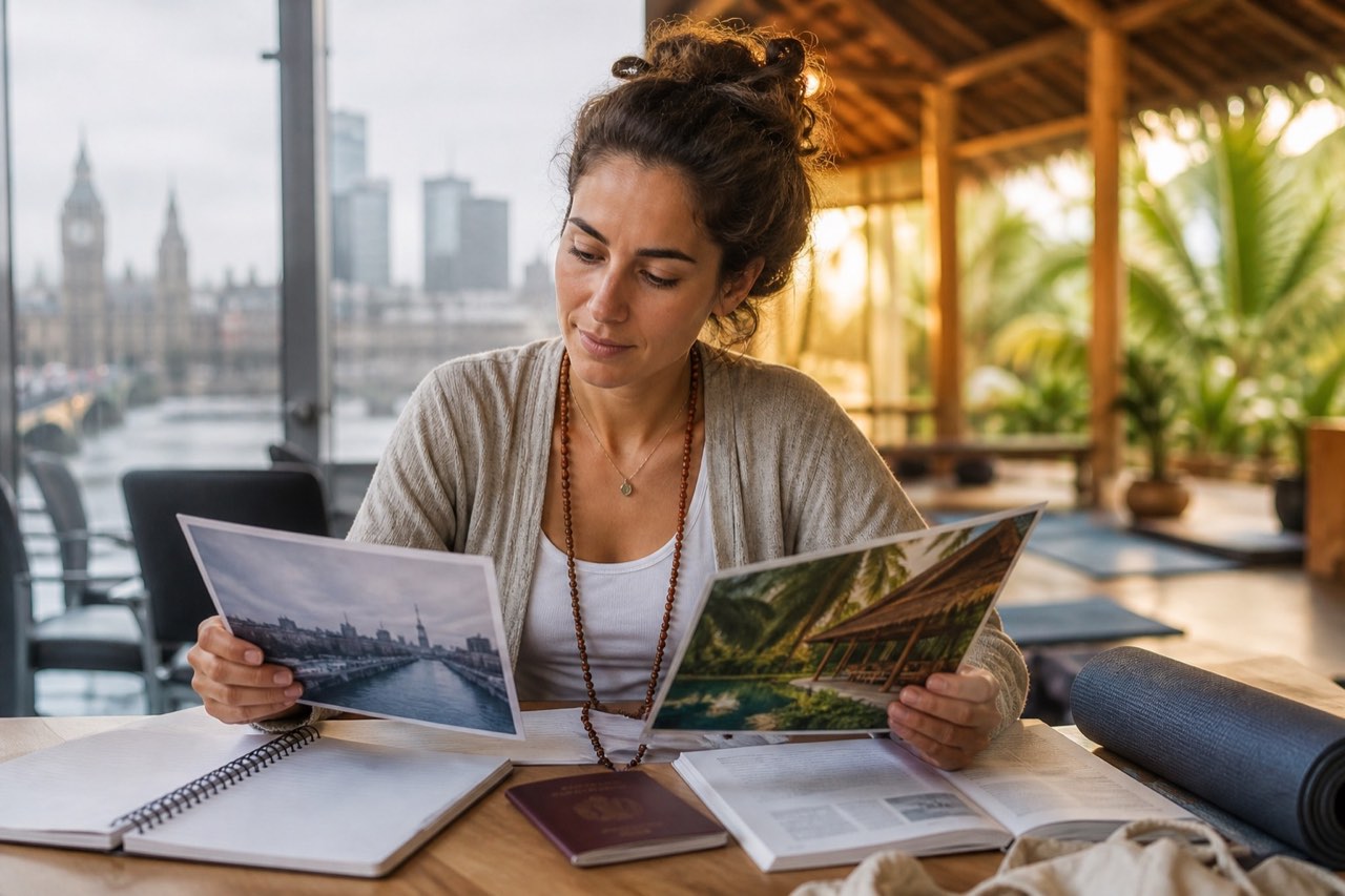 Yoga Teacher Training UK vs Bali UK yoga student comparing local teacher training with a YogaFX Bali hybrid program