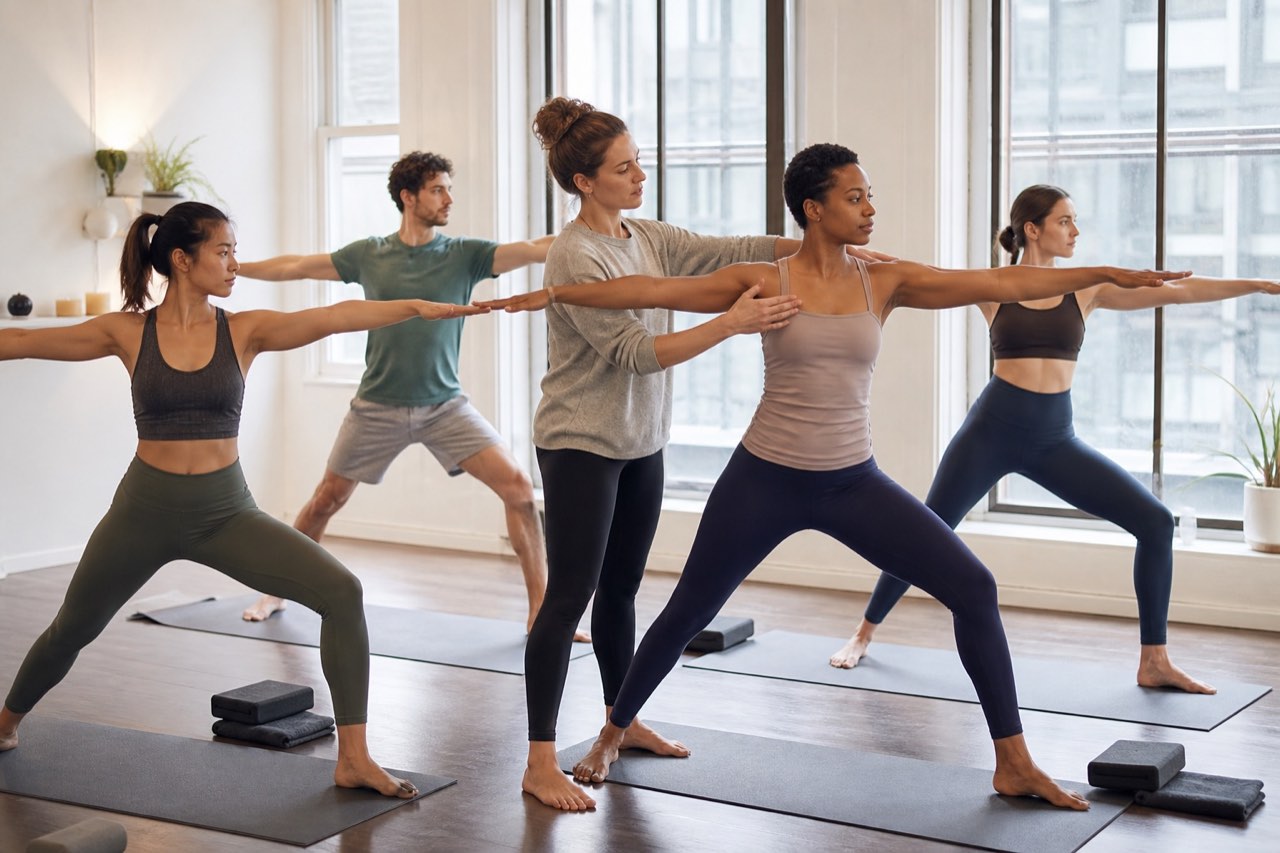 Yoga Teacher Training UK Yoga teacher training UK students receiving alignment instruction in a London studio