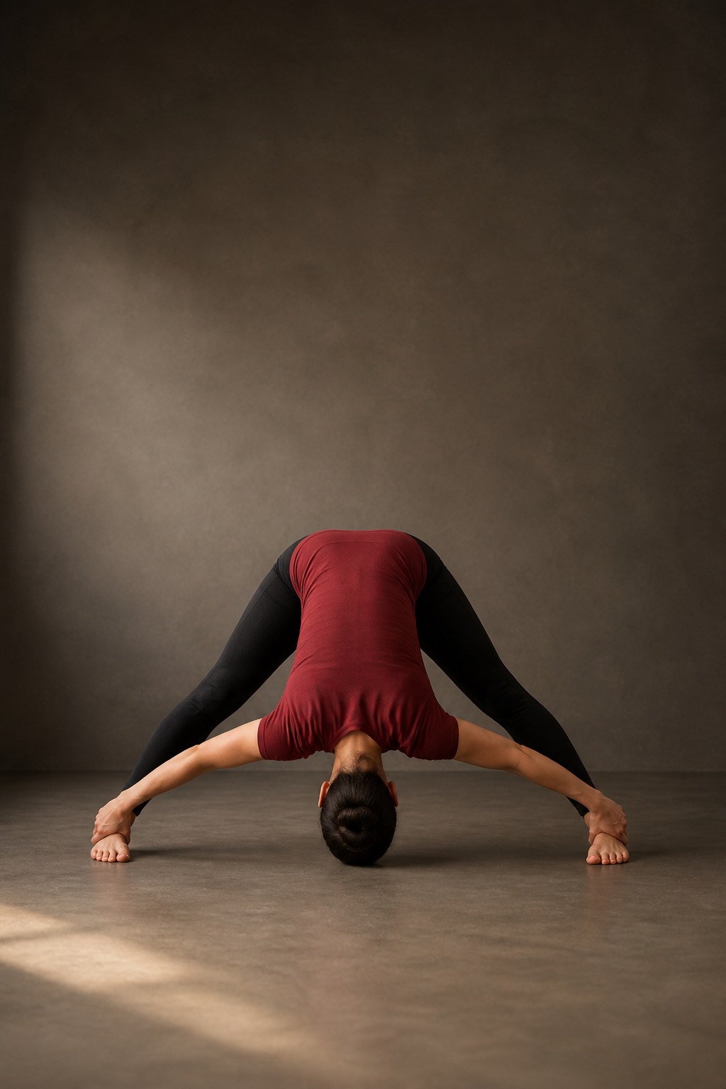 Dandayamana Bibhaktapada Paschimottanasana, Standing Separate-Leg Stretching Pose, Bikram yoga posture 8 of 26