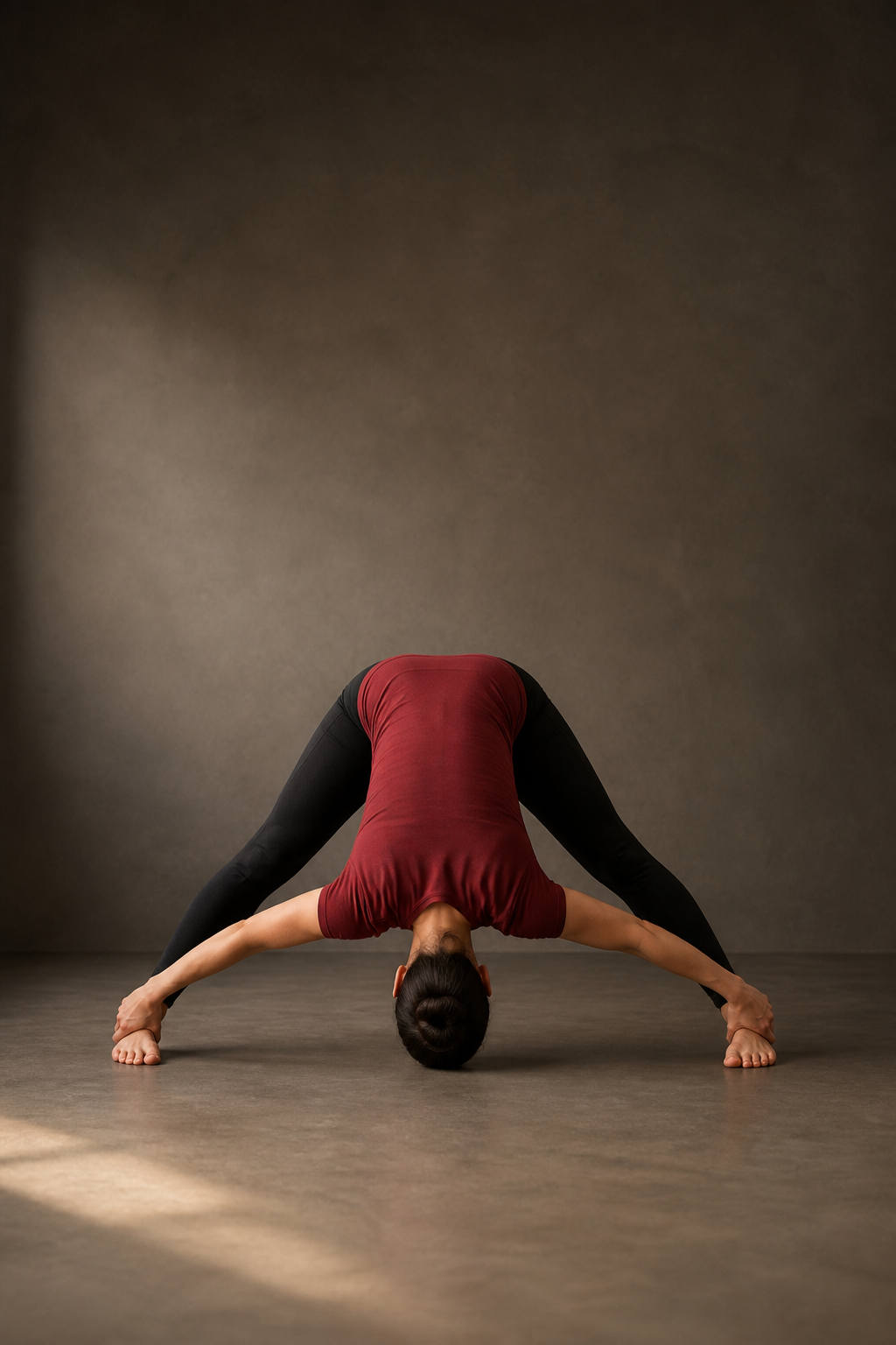 Dandayamana Bibhaktapada Paschimottanasana, Standing Separate-Leg Stretching Pose, Bikram yoga posture 8 of 26