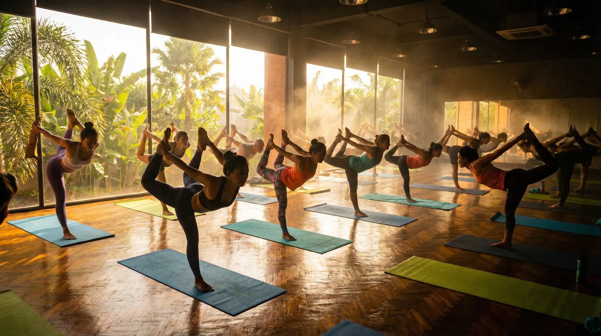 Choosing the right hot yoga teacher training Hot yoga teacher trainees practising a standing posture together during an intensive Original Hot 26 and 2 Yoga session in Bali