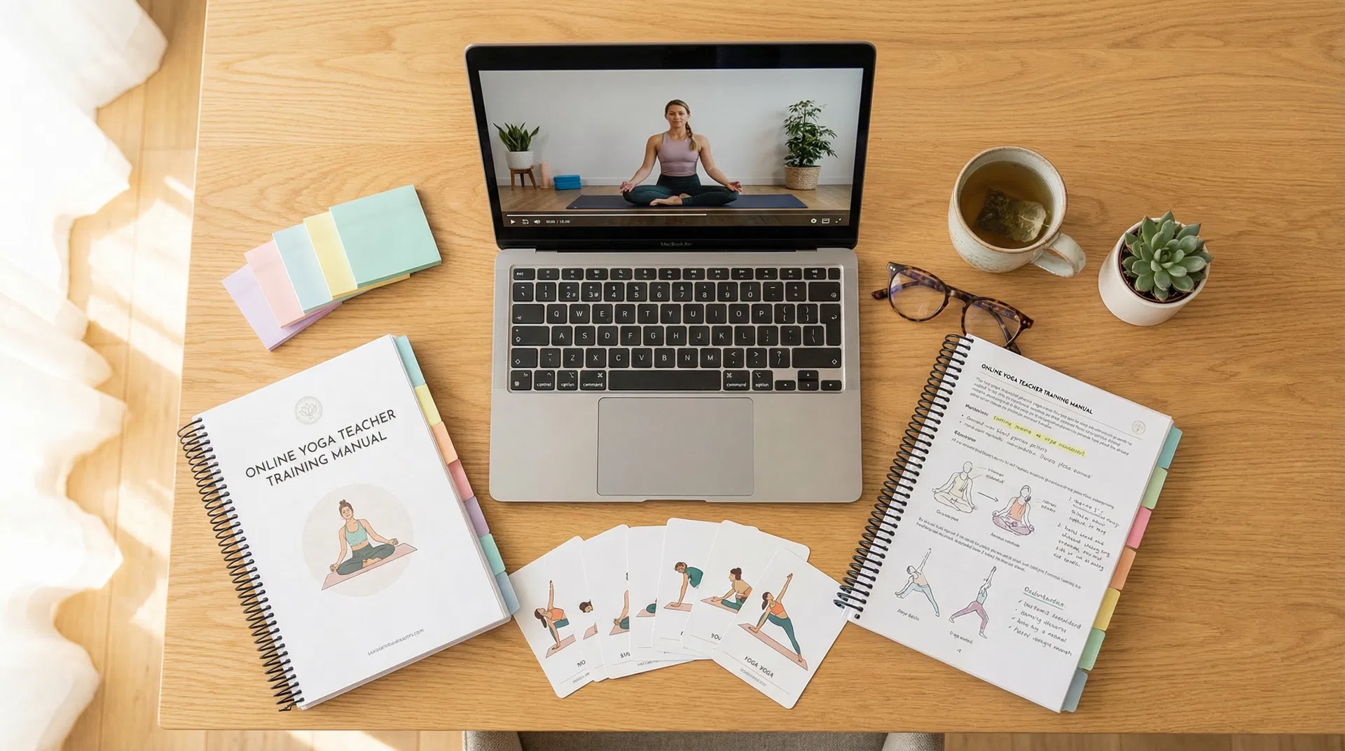Yoga teacher trainee studying dialogue and course theory online before attending practical hot yoga training in Bali